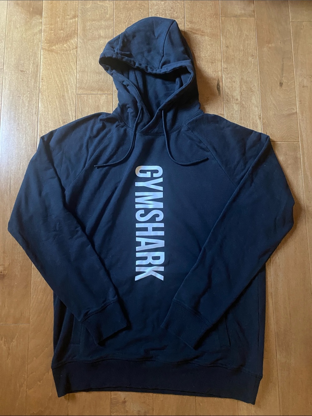 Gymshark Men’s Black Hoodie with Bold Vertical White Logo Size Large